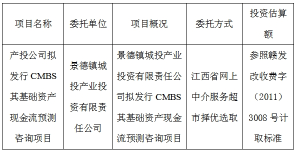 產(chǎn)投公司擬發(fā)行CMBS其基礎(chǔ)資產(chǎn)現(xiàn)金流預(yù)測咨詢項(xiàng)目計(jì)劃公告